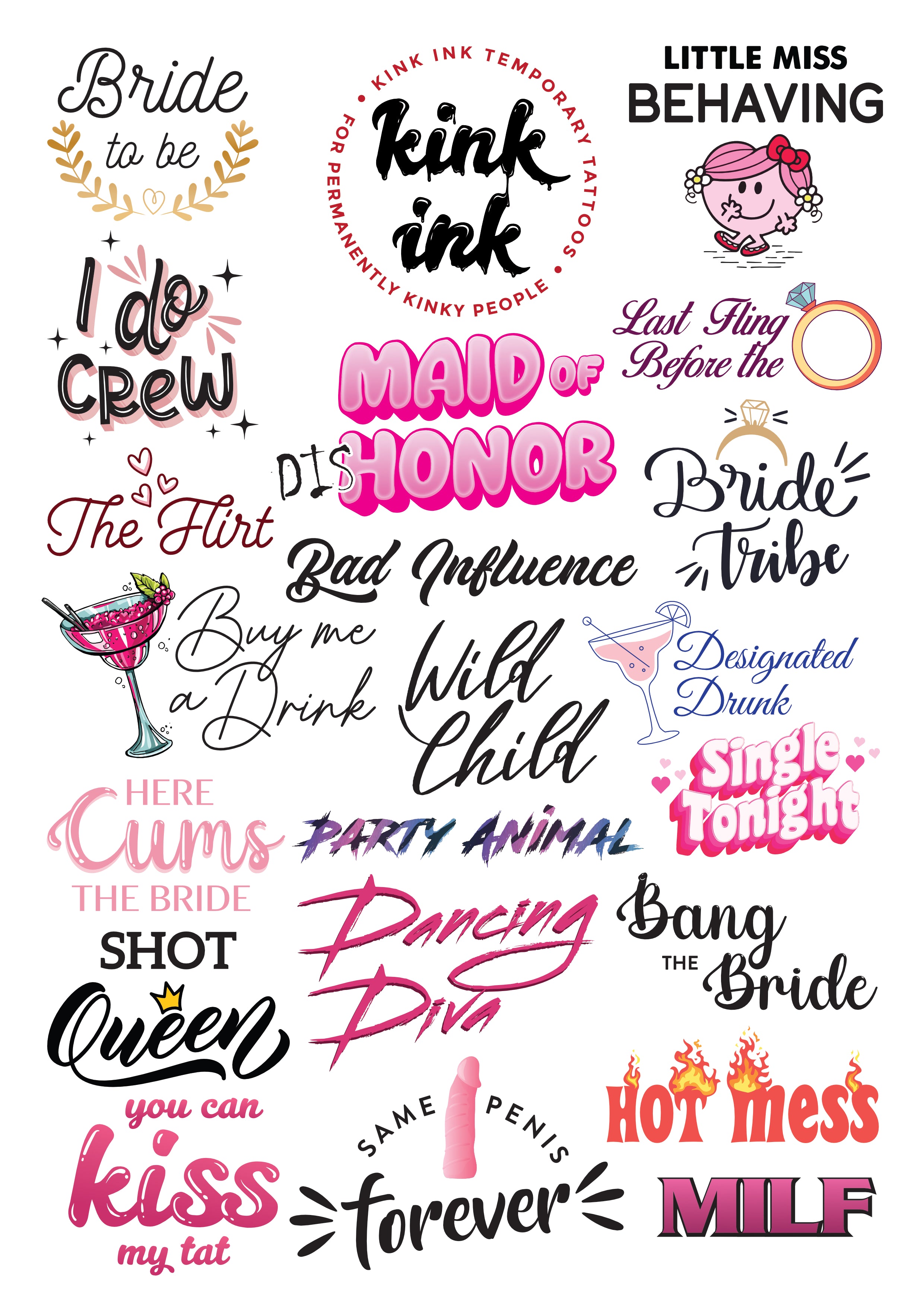 A4 Bachelorette (Mega Sheet) - 21 Adult Temporary Tattoos – Kink Ink