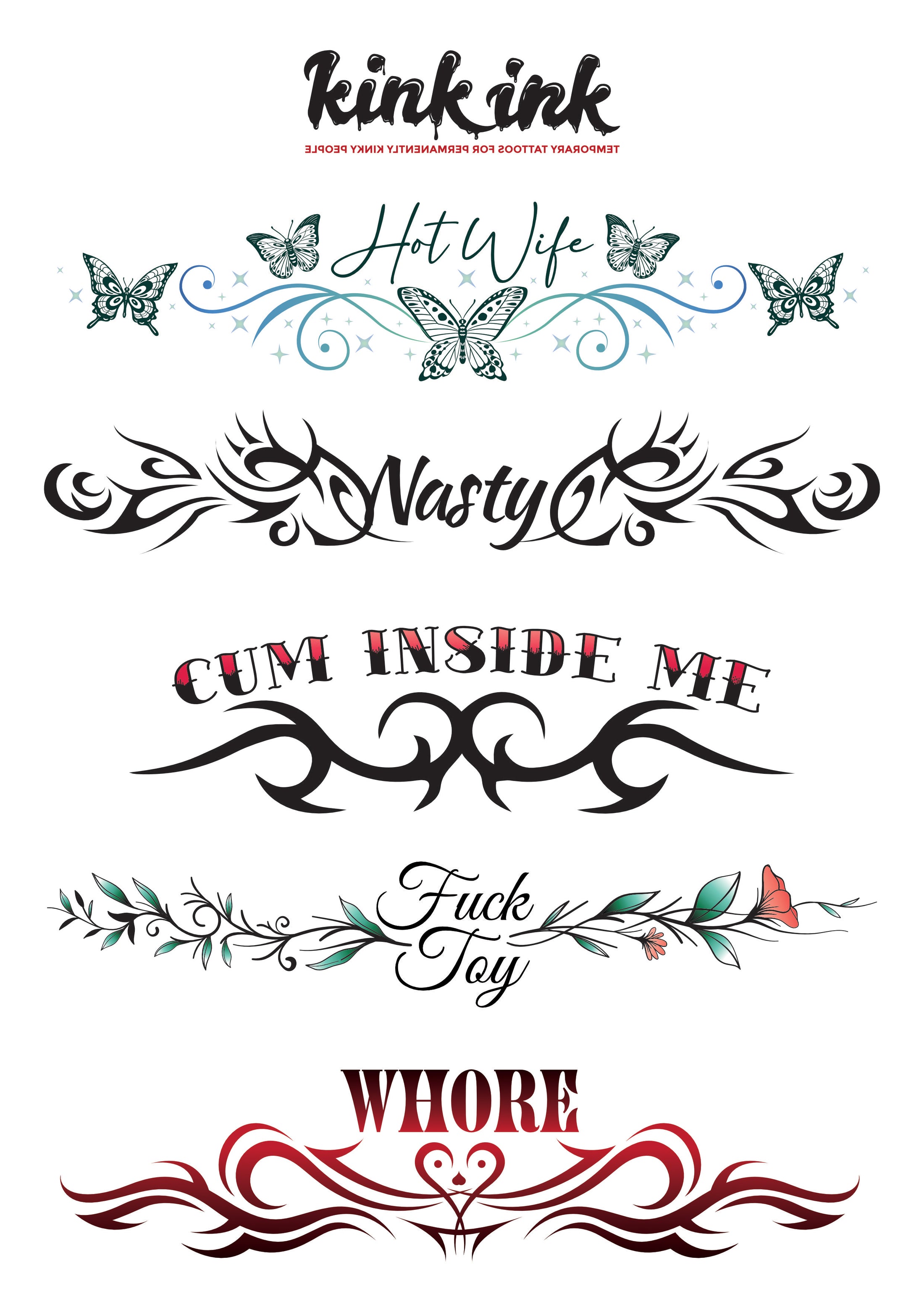 A4 Tramp Stamps (Mega Sheet 2) 5 Adult Temporary Tattoos Kink Ink
